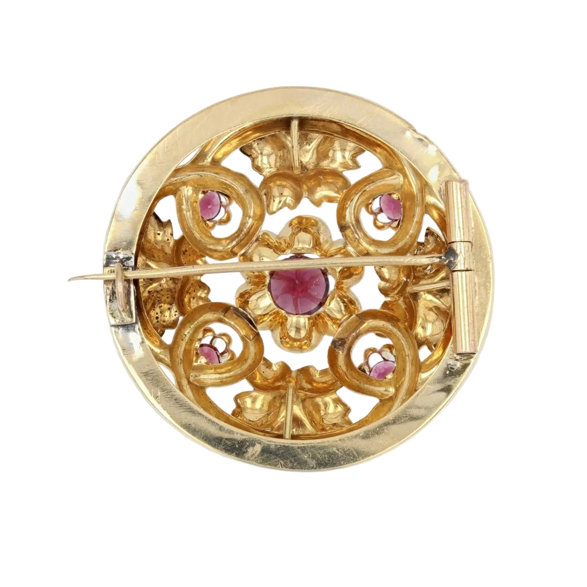 Broche ANCIENNE Forme ronde en or jaune perles fines et grenats - Castafiore