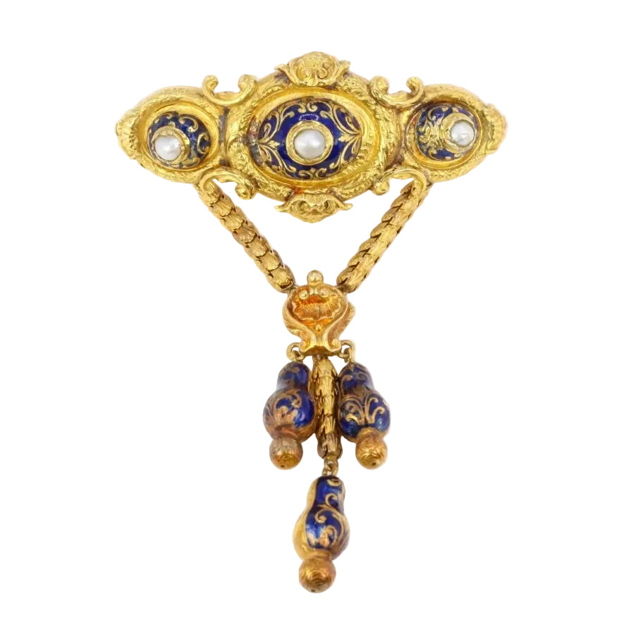 Broche ancienne Napoléon III or perles émail bleu - Castafiore