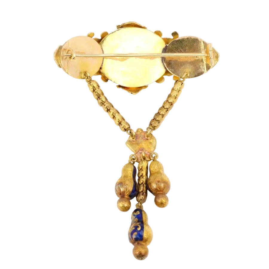 Broche ancienne Napoléon III or perles émail bleu - Castafiore