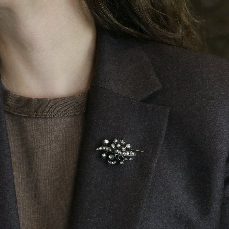 Broche Ancienne Or Argent Diamants Taillés en Rose - Castafiore