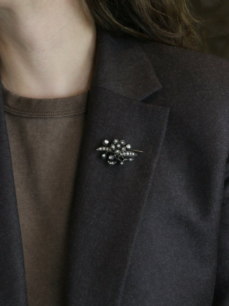 Broche Ancienne Or Argent Diamants Taillés en Rose - Castafiore