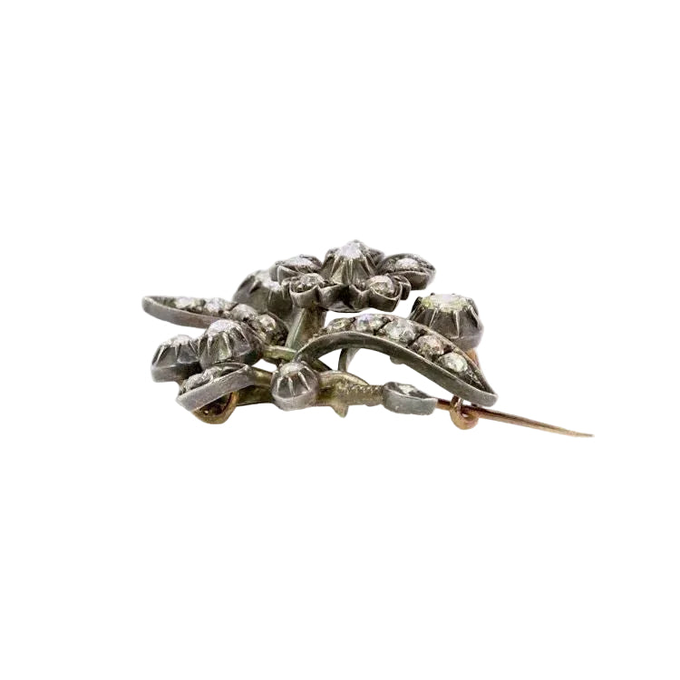 Broche Ancienne Or Argent Diamants Taillés en Rose - Castafiore