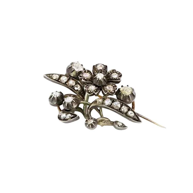 Broche Ancienne Or Argent Diamants Taillés en Rose - Castafiore