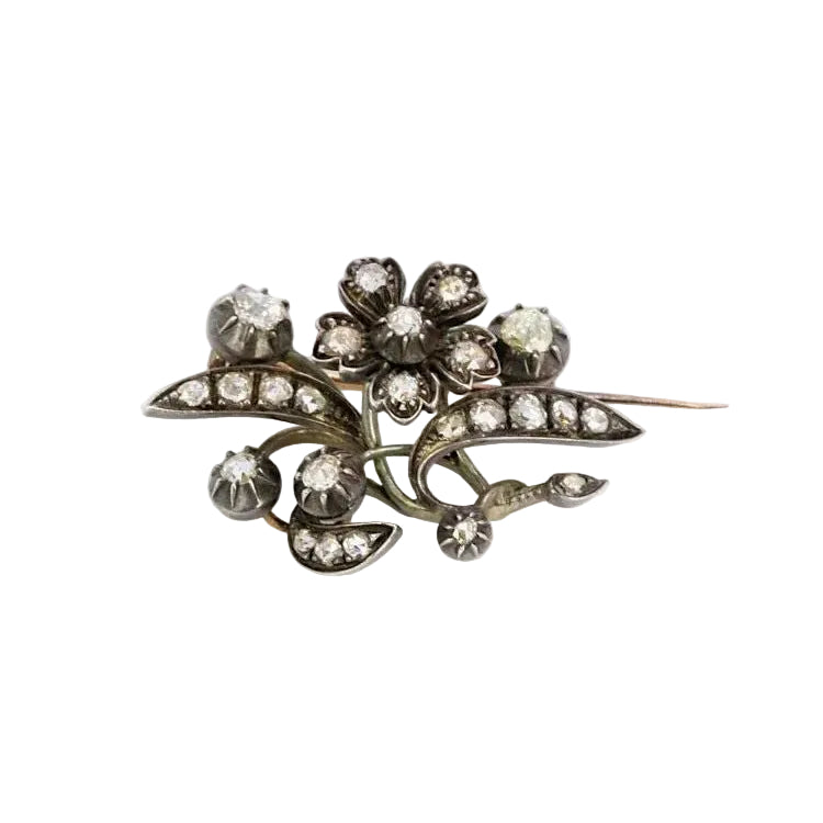 Broche Ancienne Or Argent Diamants Taillés en Rose - Castafiore