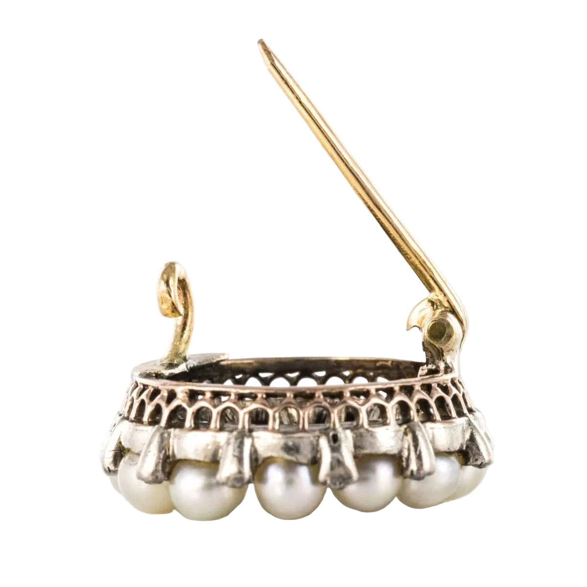 Broche ANCIENNE Ronde en or jaune et argent perles fines et diamants - Castafiore