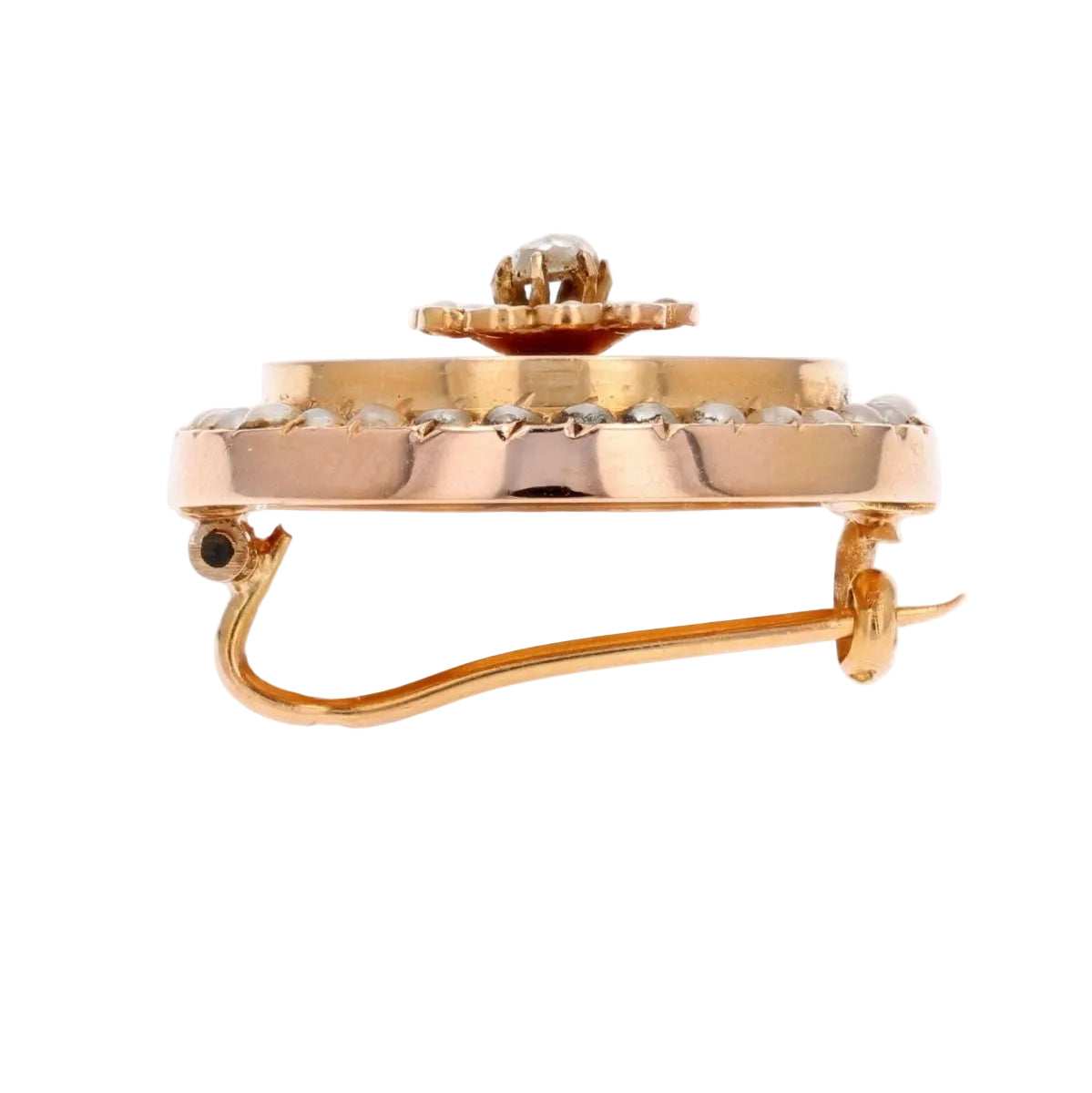 Broche ANCIENNE Ronde en or rose perles fines et diamant - Castafiore