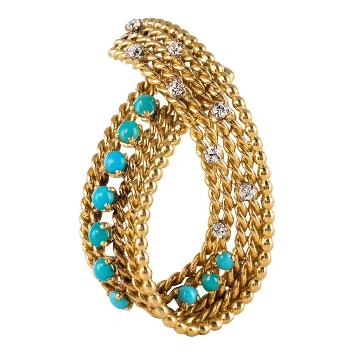 Broche ANCIENNE Ruban en or jaune et turquoises - Castafiore