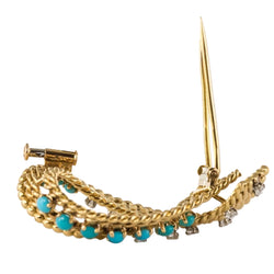 Broche ANCIENNE Ruban en or jaune et turquoises - Castafiore