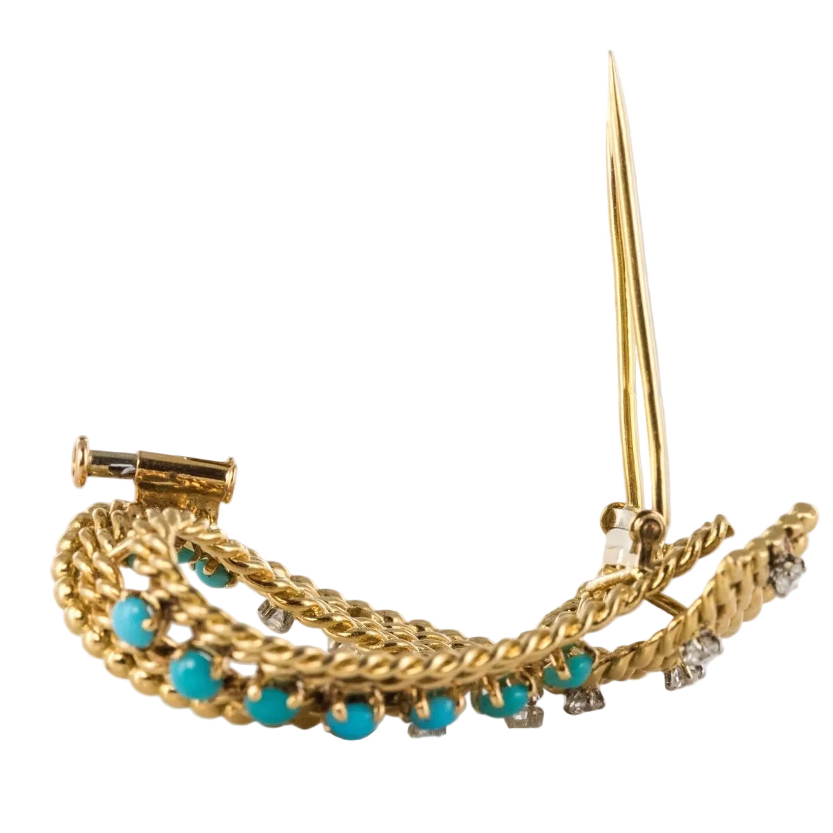 Broche ANCIENNE Ruban en or jaune et turquoises - Castafiore