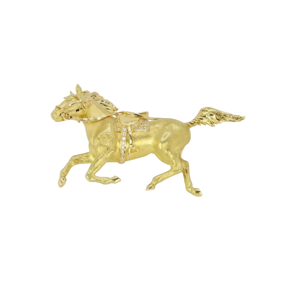 Broche animalière cheval en or jaune et diamants - Castafiore
