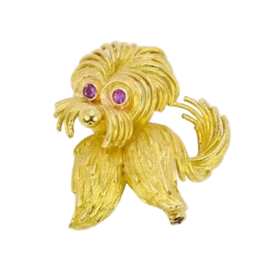 Broche animalière chien or jaune rubis - Castafiore