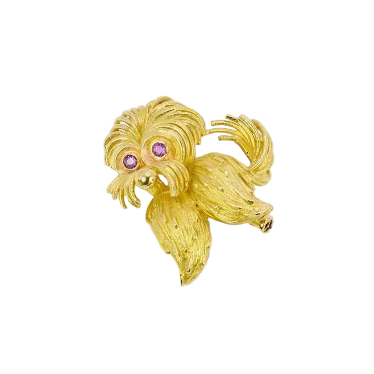 Broche animalière chien or jaune rubis - Castafiore