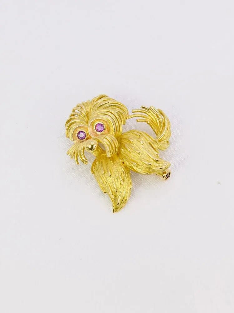 Broche animalière chien or jaune rubis - Castafiore