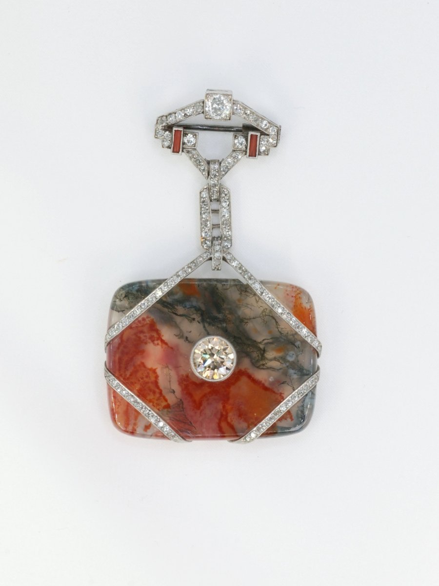 Broche Art - Déco en or, agate, corail et diamants - Castafiore