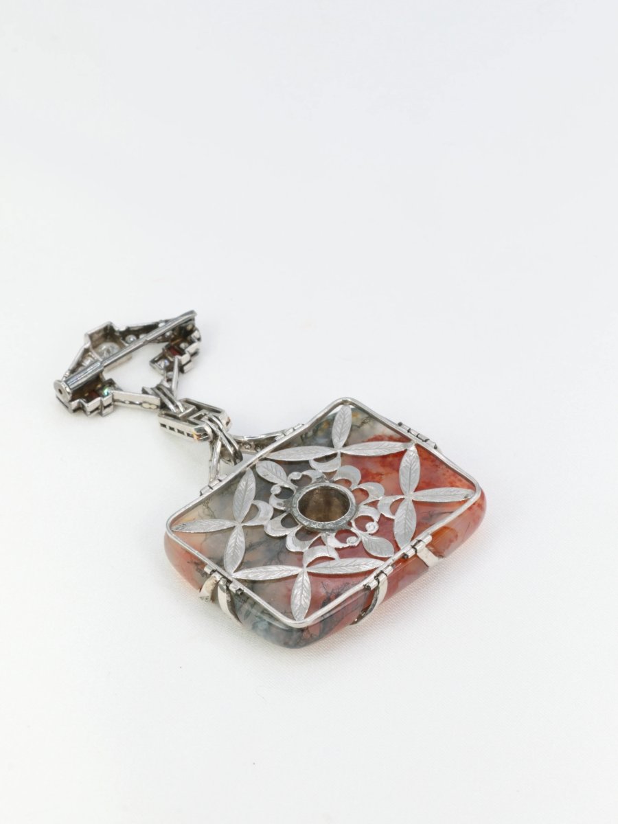 Broche Art - Déco en or, agate, corail et diamants - Castafiore