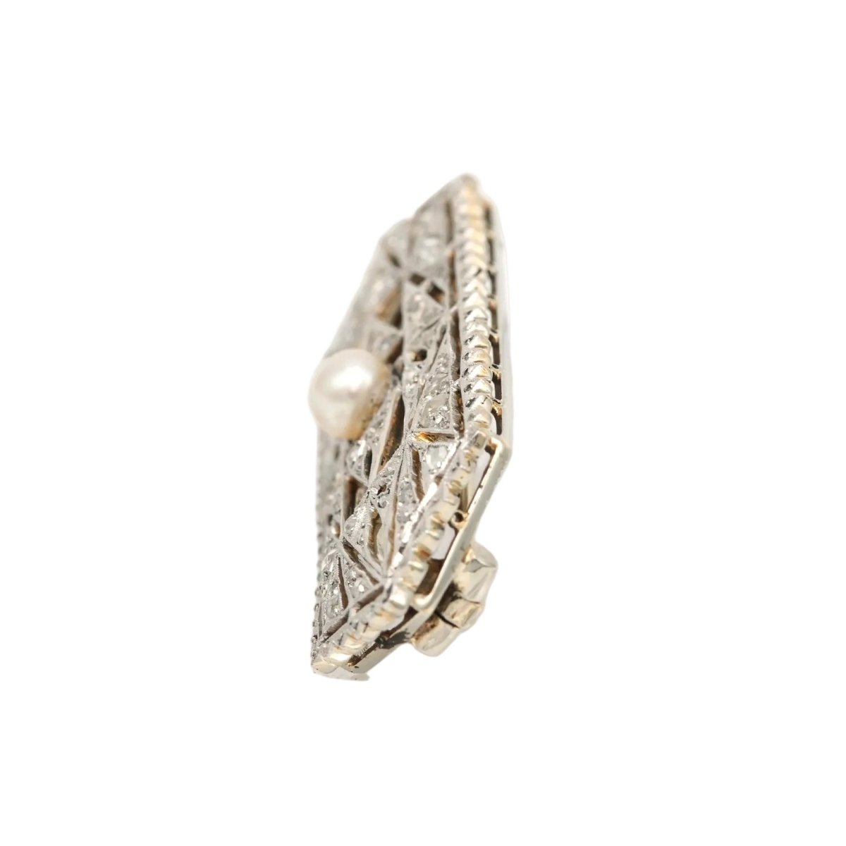 Broche Art Déco en or blanc, perle et diamants - Castafiore