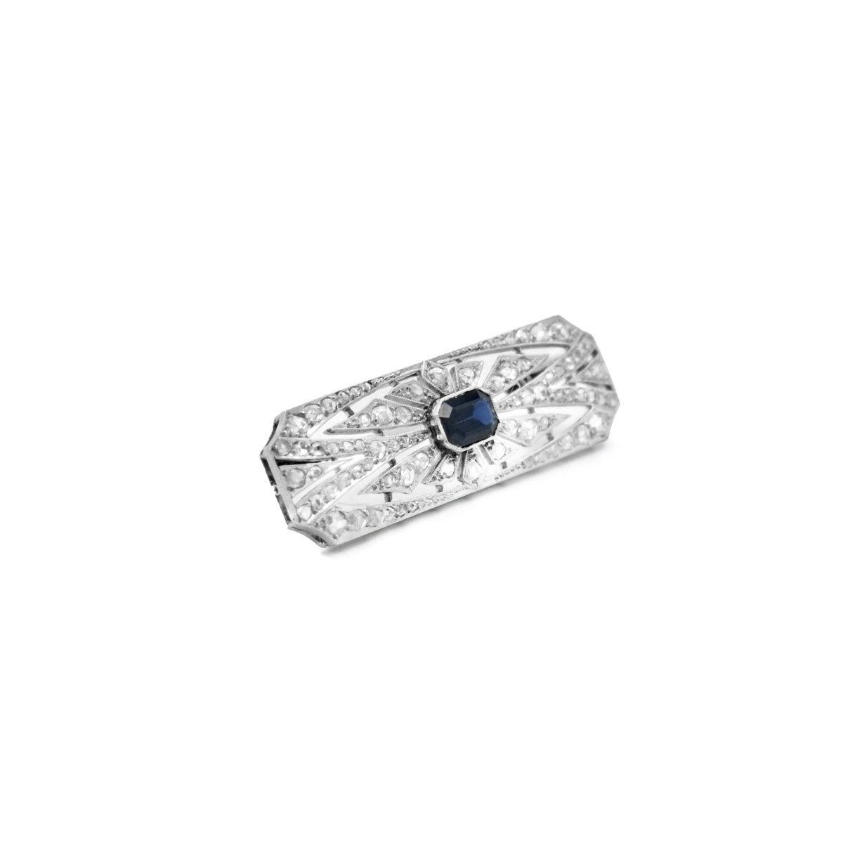 Broche Art Déco en or gris et platine avec saphir et diamants - Castafiore