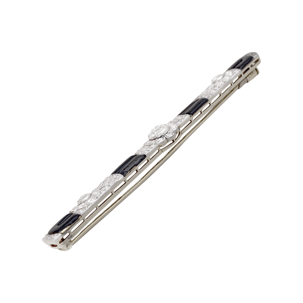 Broche Barrette Art Déco en or blanc, platine, émail et diamants - Castafiore