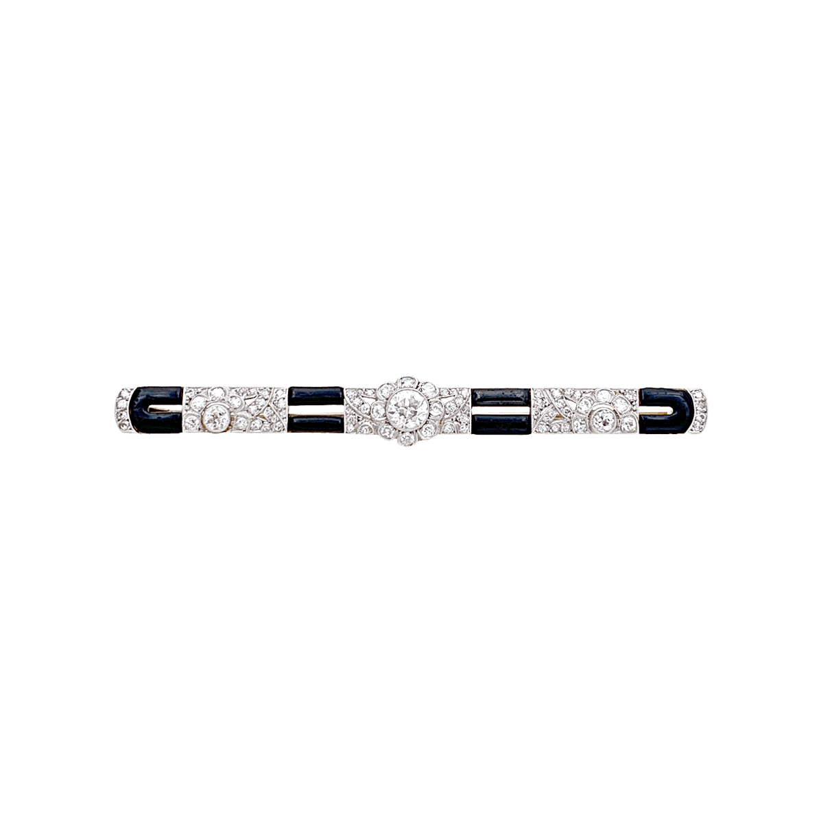 Broche Barrette Art Déco en or blanc, platine, émail et diamants - Castafiore