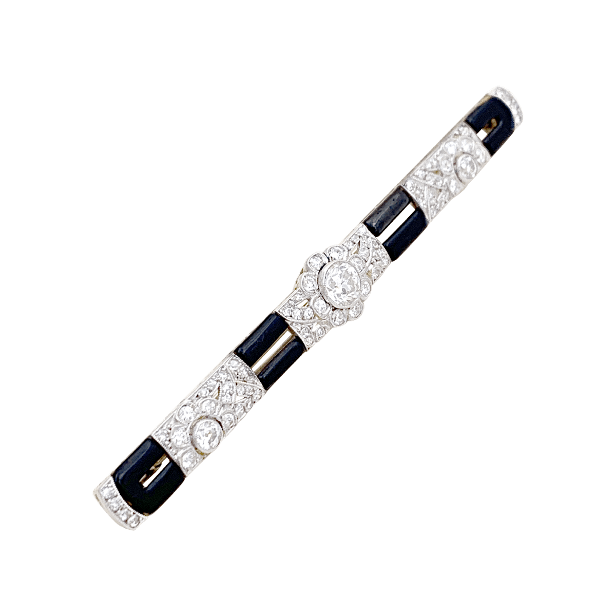 Broche Barrette Art Déco en or blanc, platine, émail et diamants - Castafiore