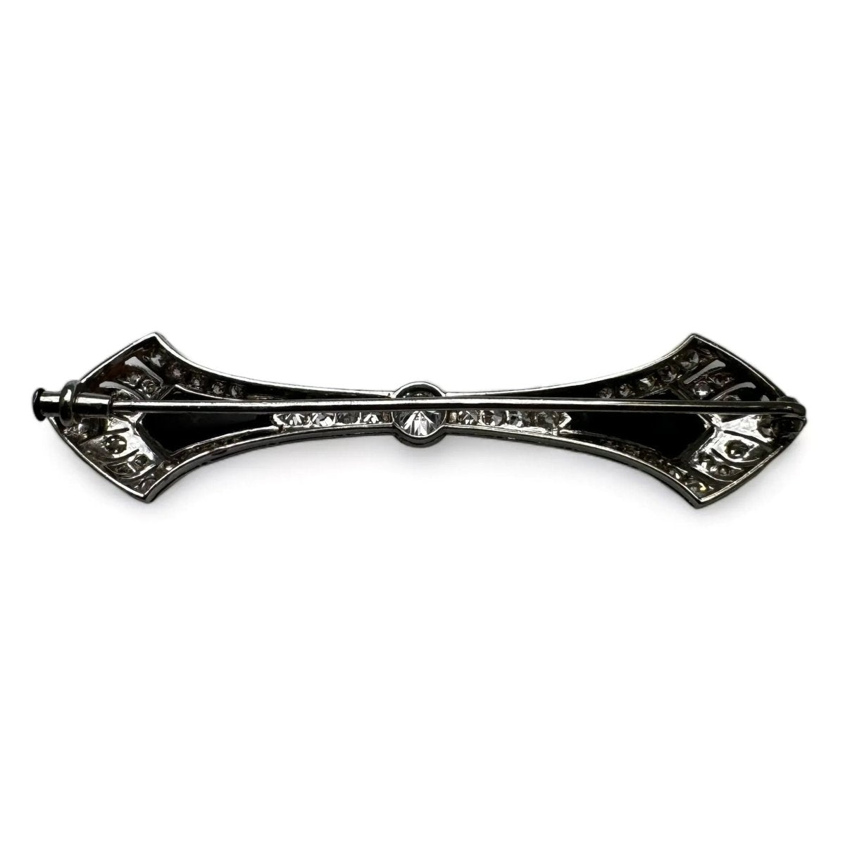 Broche barrette Art - Déco en platine, diamants et onyx. - Castafiore