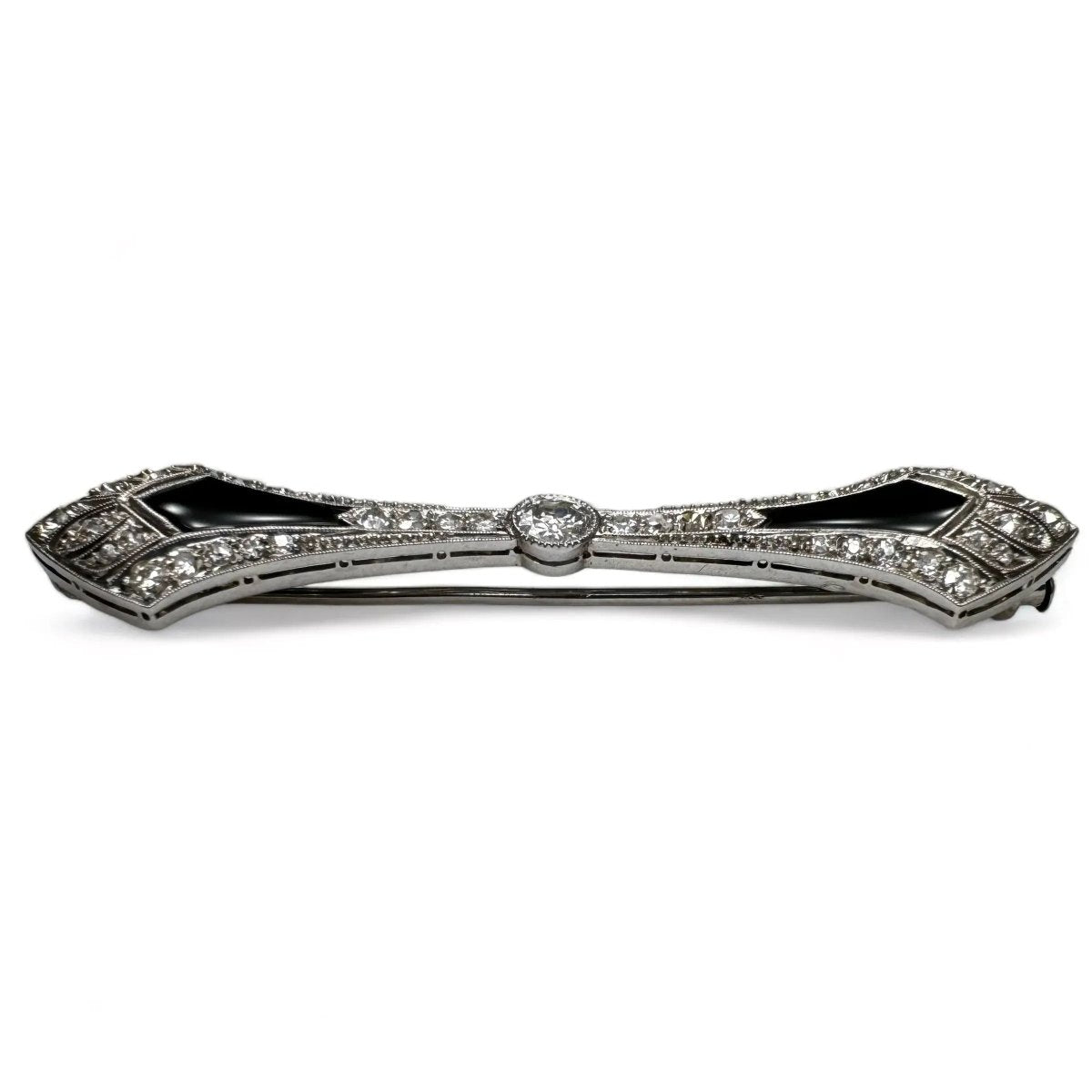 Broche barrette Art - Déco en platine, diamants et onyx. - Castafiore