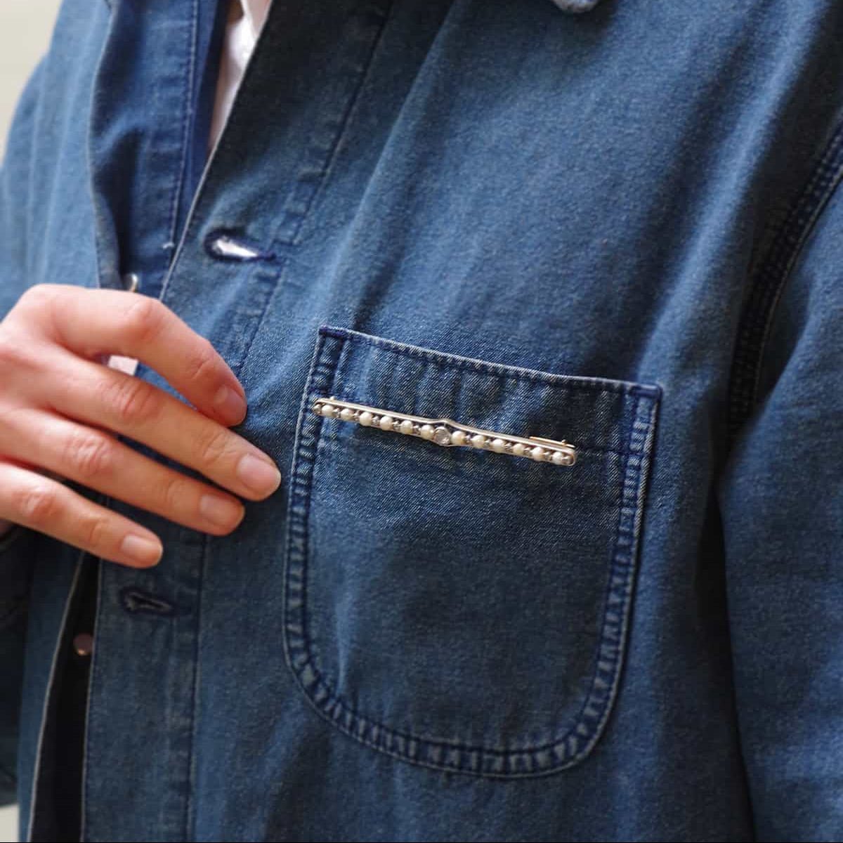Broche Barrette en jaune, platine, perles et diamants - Castafiore