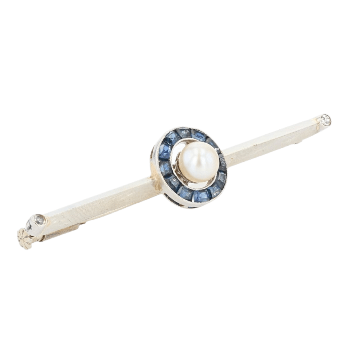 Broche Barrette en or blanc, perle, saphirs et diamant - Castafiore