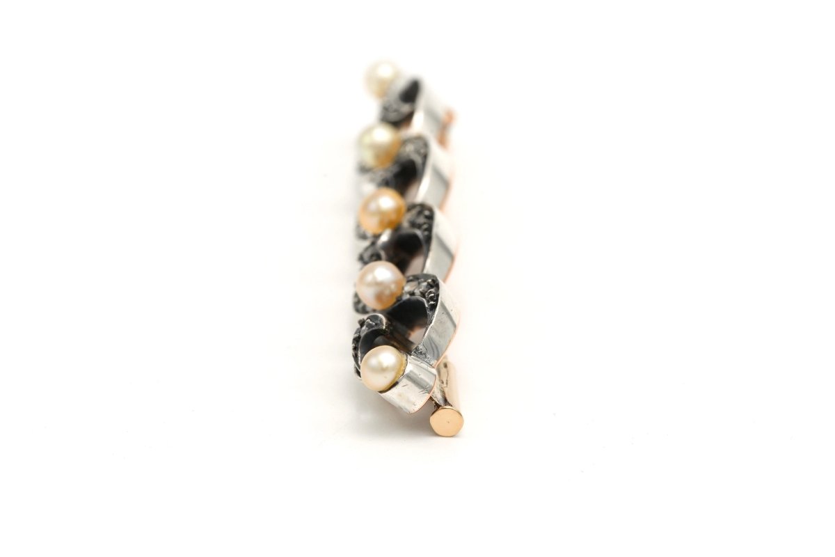Broche Barrette en or jaune, argent, perles et diamants - Castafiore