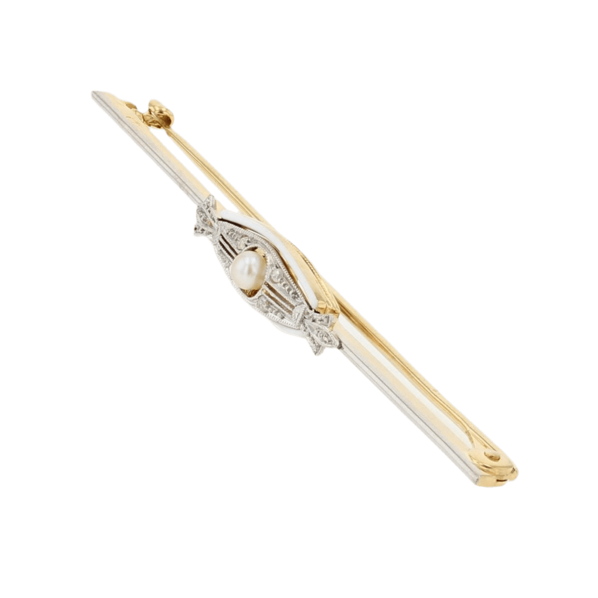 Broche Barrette en or jaune, perle, émail et diamants - Castafiore
