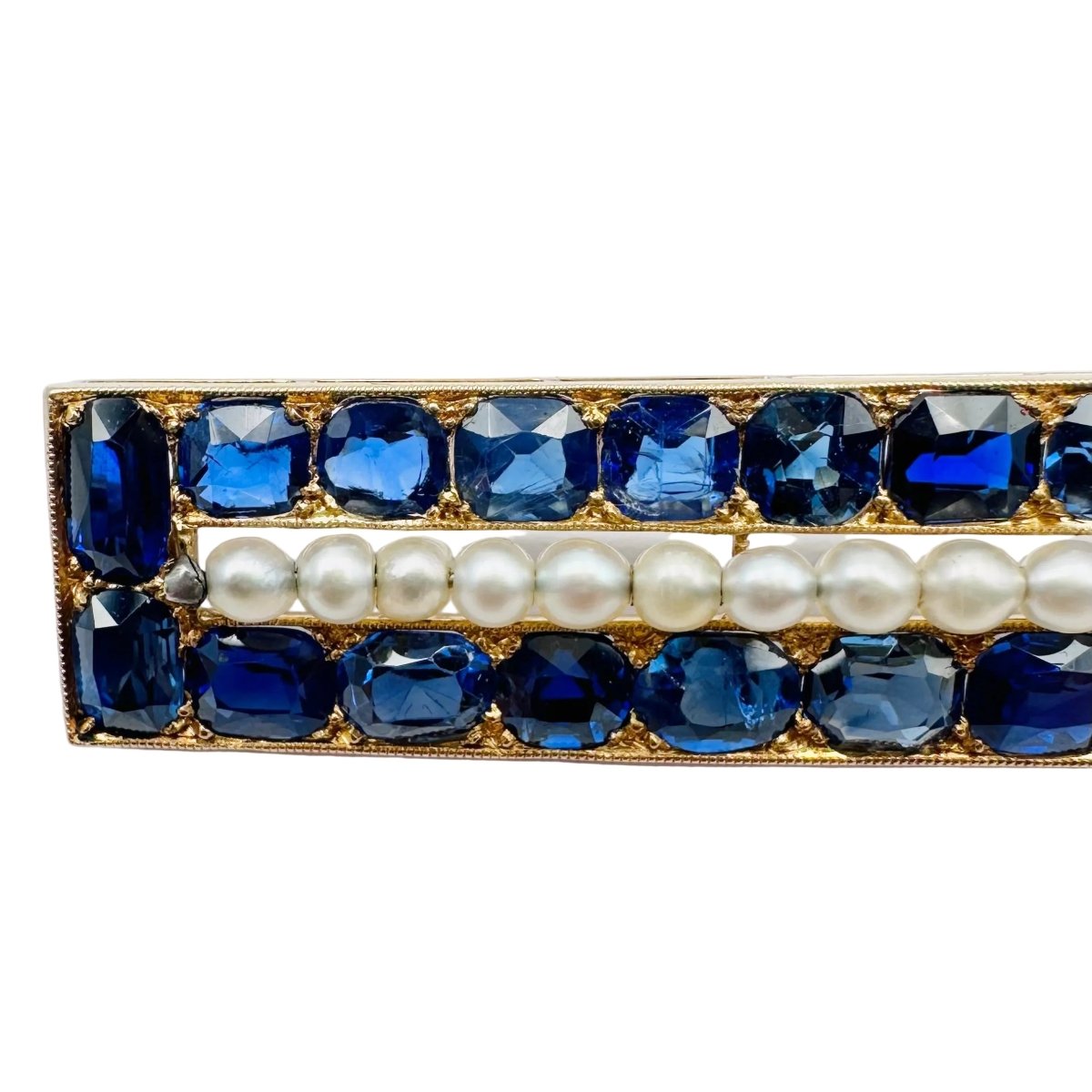 Broche Barrette en or jaune, perles et saphirs - Castafiore