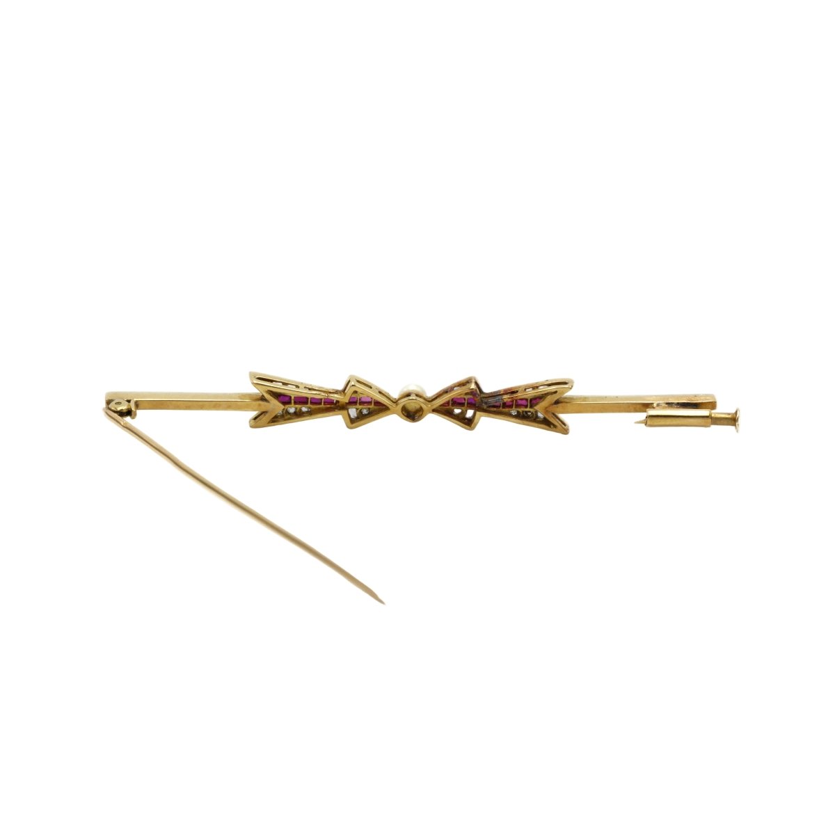 Broche Barrette en or jaune, platine, perles, rubis et diamants - Castafiore
