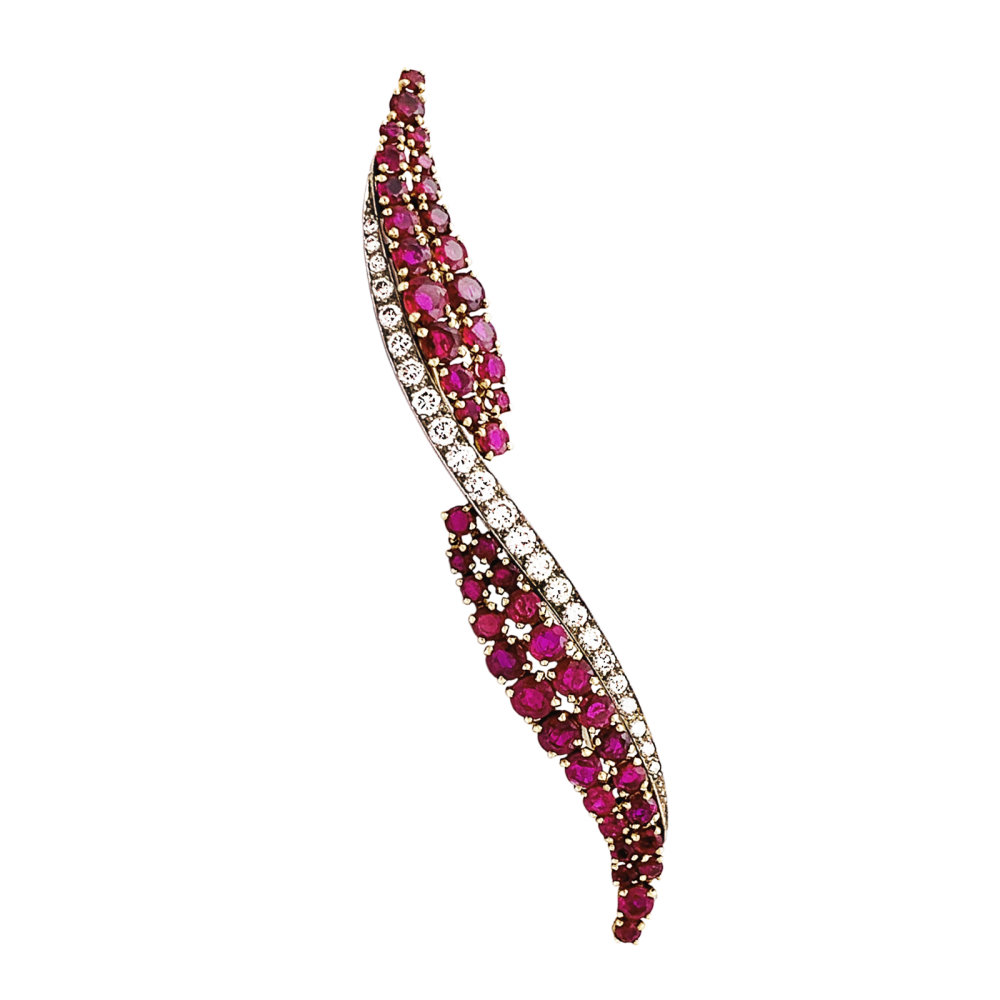 Broche Barrette en or jaune, platine, rubis et diamants - Castafiore