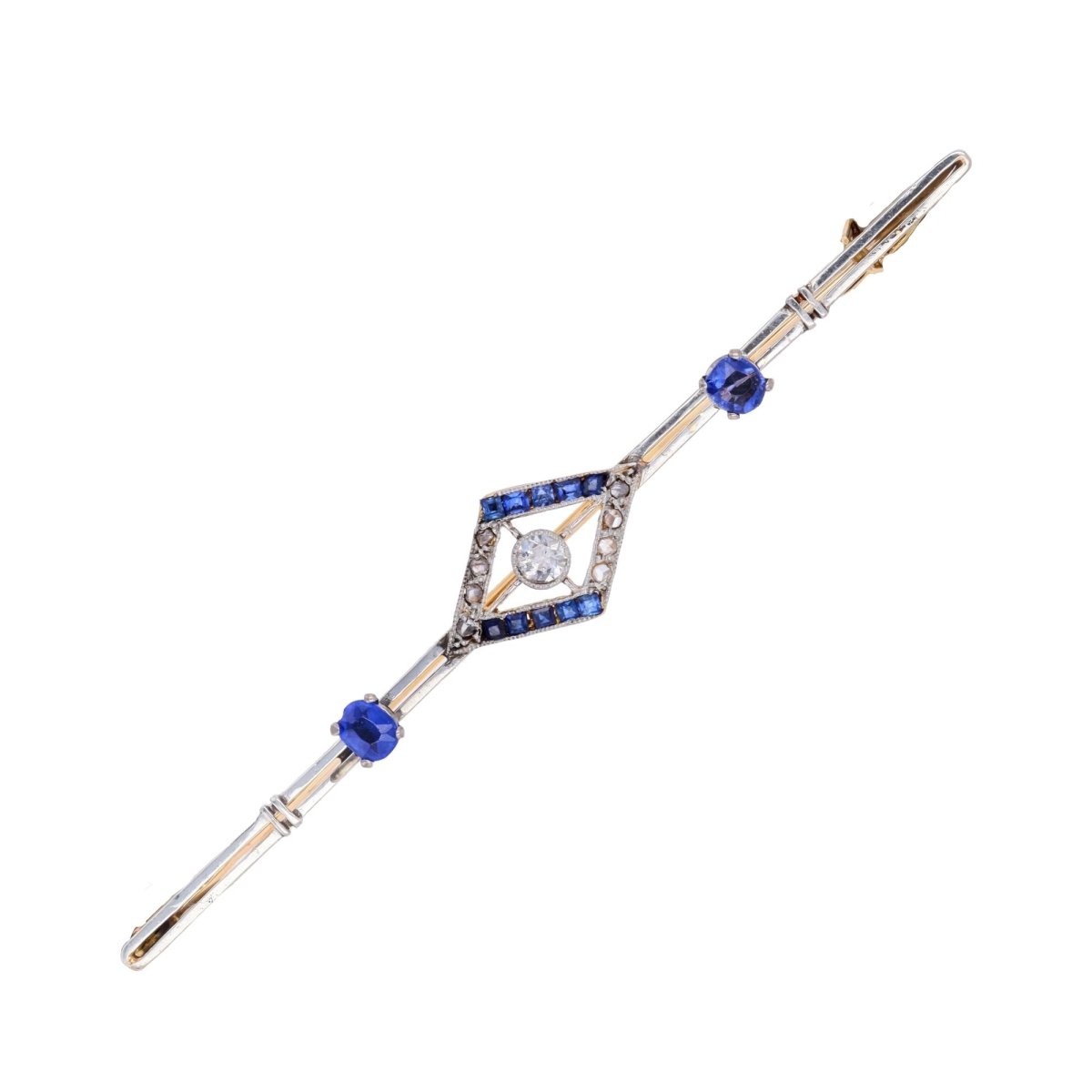 Broche Barrette en or jaune, platine, saphirs et diamants - Castafiore