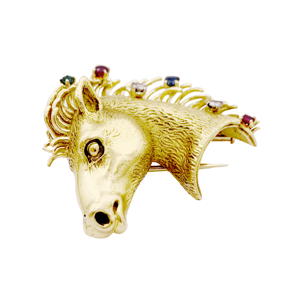Broche Barrette en or jaune, rubis, saphir, émeraude et diamants - Castafiore