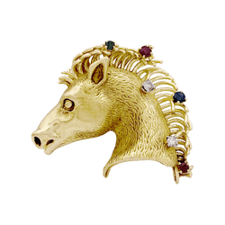 Brooch "horse protomea", yellow gold, diamonds, ruby, sapphire and emerald.