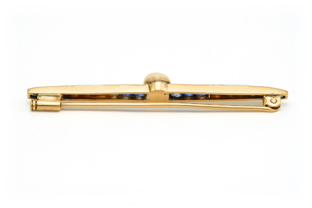 Broche Barrette en or jaune, saphirs, perle et diamants - Castafiore