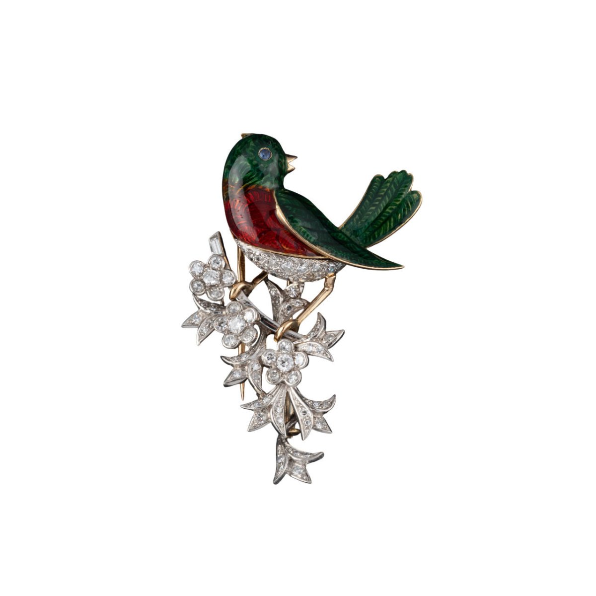 Broche BOUCHERON en or jaune, émail, saphir et diamants - Castafiore