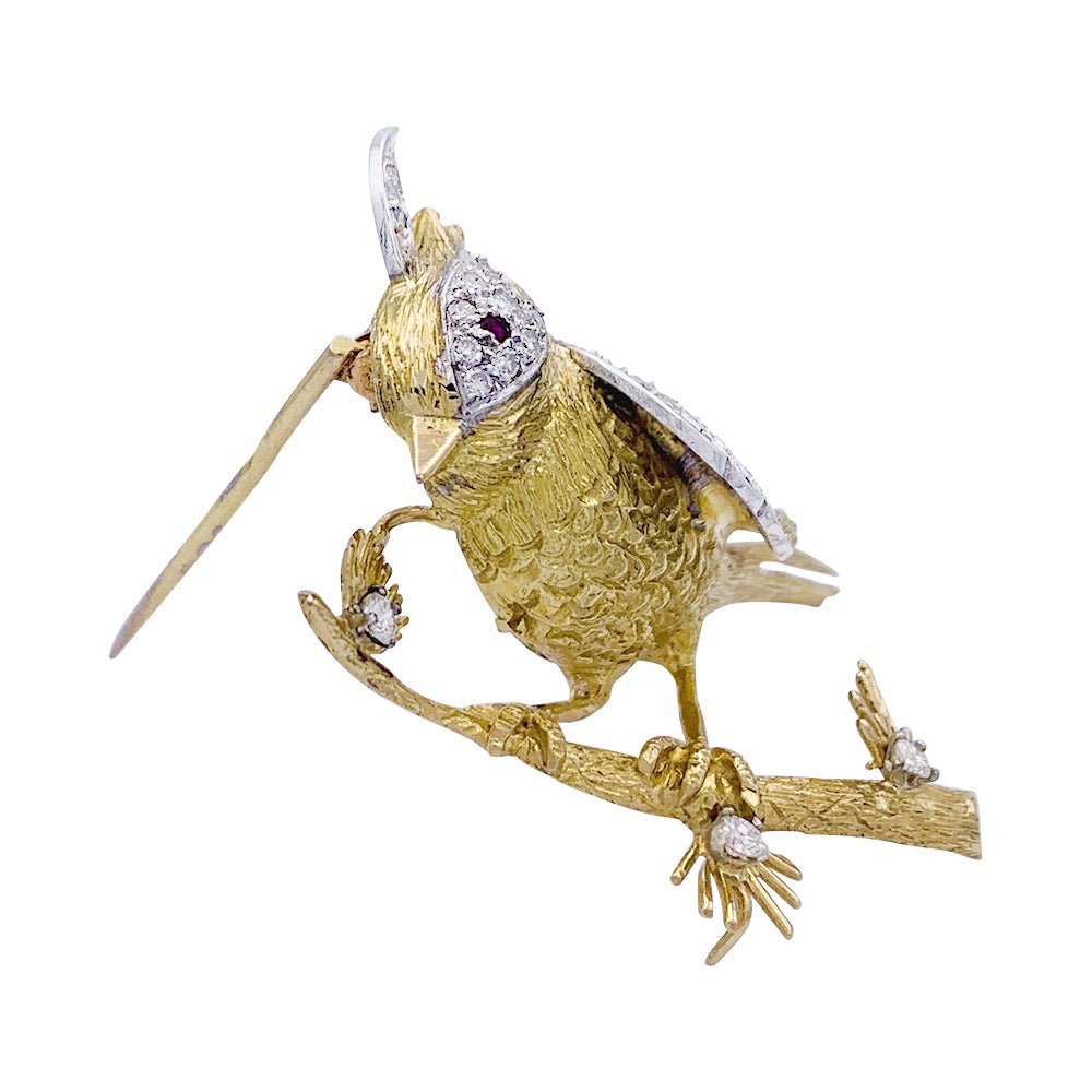 Broche Boucheron, "Oiseau sur sa branche", or jaune, platine - Castafiore