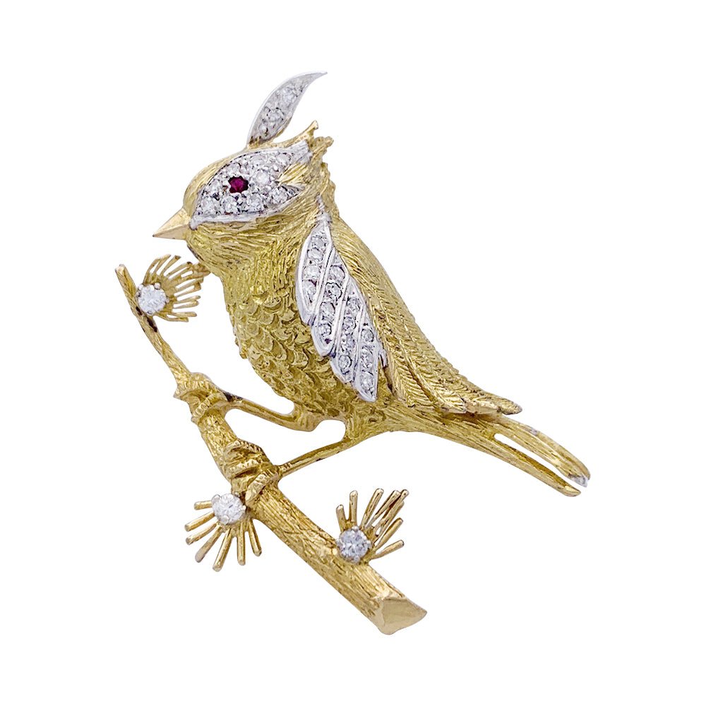 Broche Boucheron, "Oiseau sur sa branche", or jaune, platine - Castafiore
