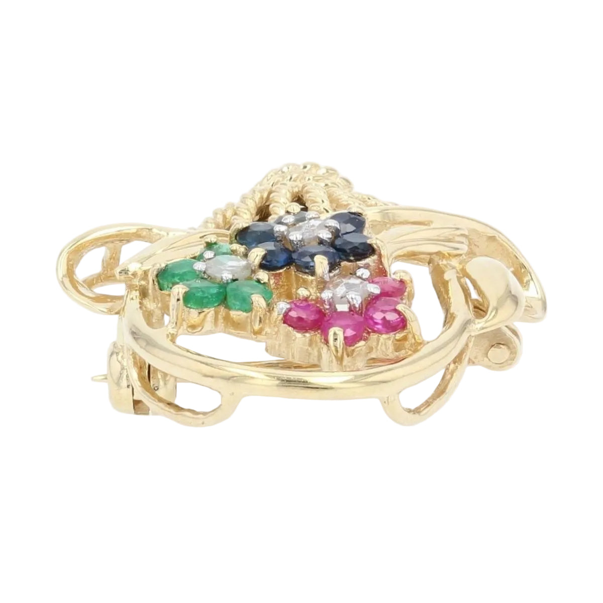 Broche bouquet en or jaune saphirs rubis émeraudes - Castafiore
