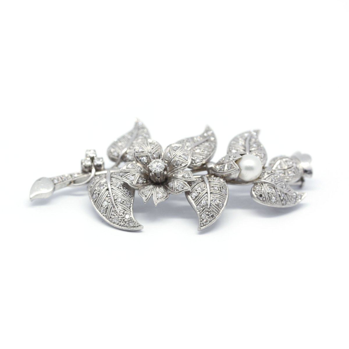 Broche branche florale - Or, diamants et perles - Castafiore