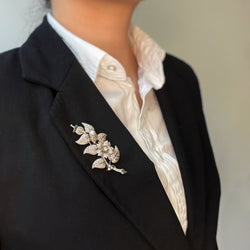 Broche branche florale - Or, diamants et perles