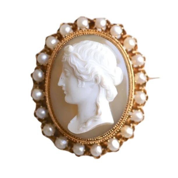 Broche camée agate et perles fines - Castafiore