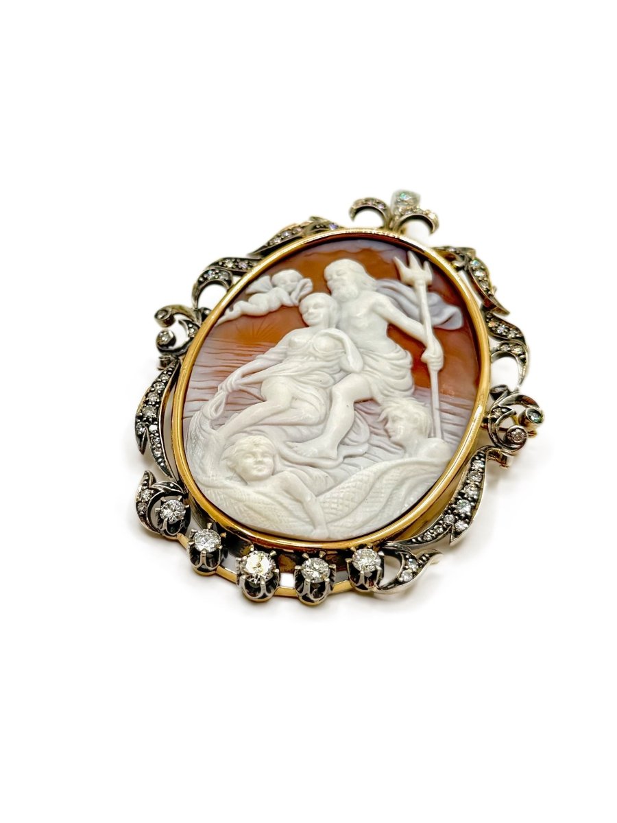 Broche camée en or gris et argent avec diamants - Castafiore