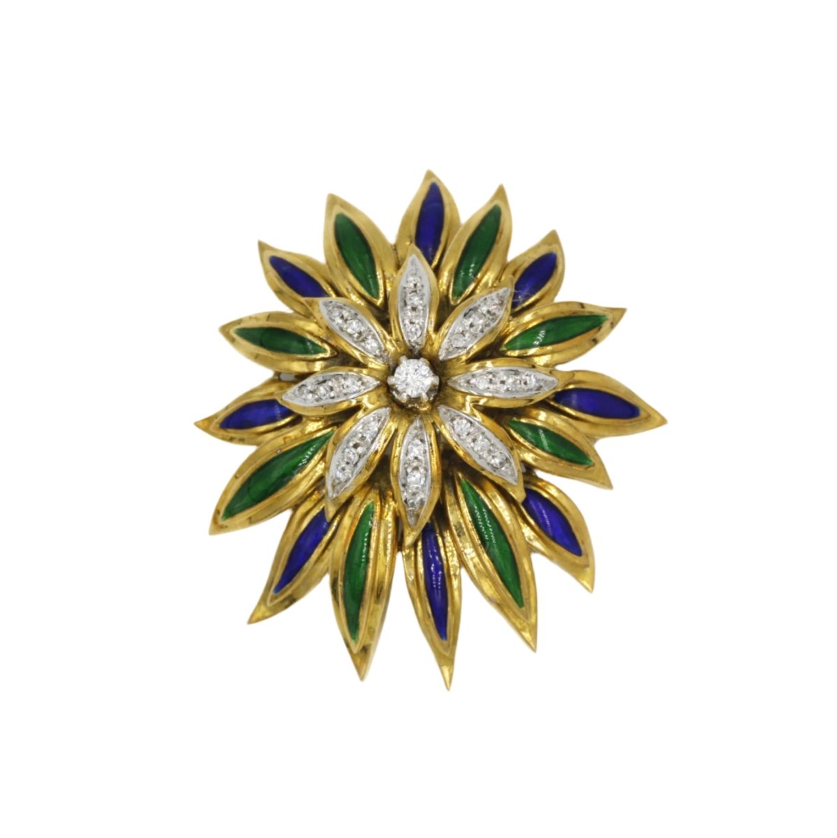 Broche CARTIER Fleur en or jaune, émail bleu et vert et diamant - Castafiore