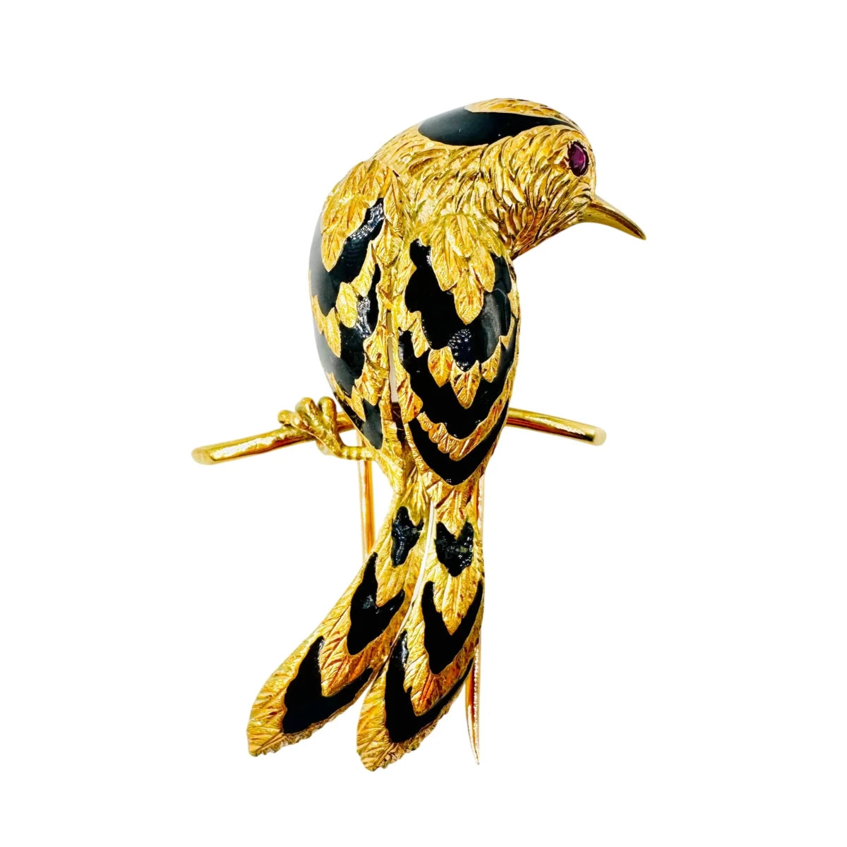 Broche CARTIER "Oiseau sur une branche" en or jaune, émail et rubis - Castafiore