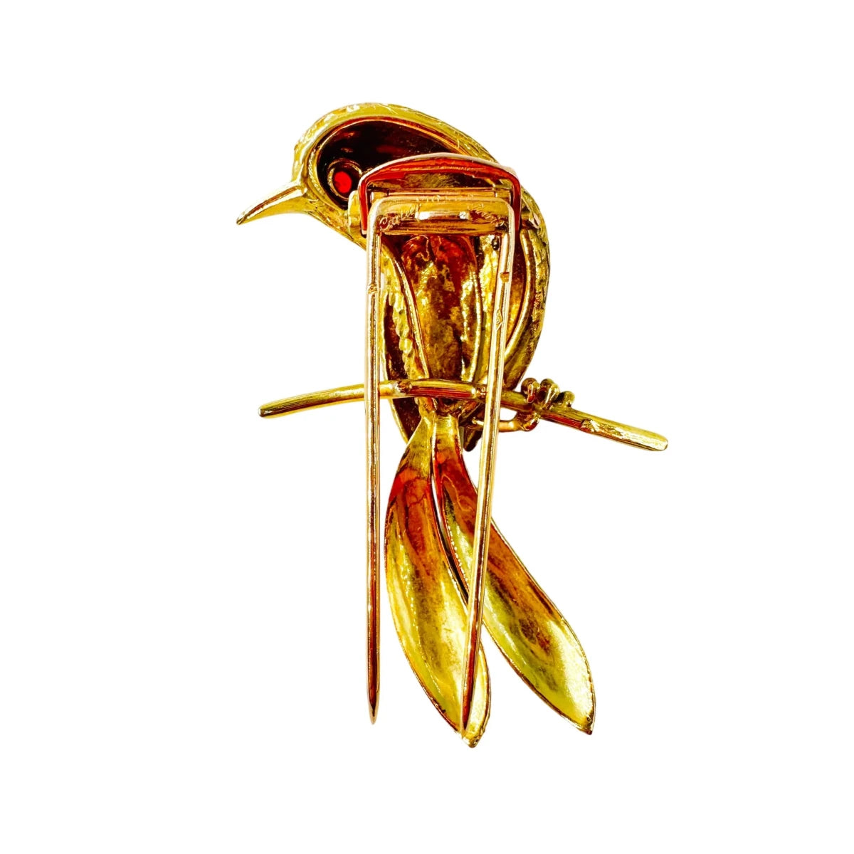 Broche CARTIER "Oiseau sur une branche" en or jaune, émail et rubis - Castafiore