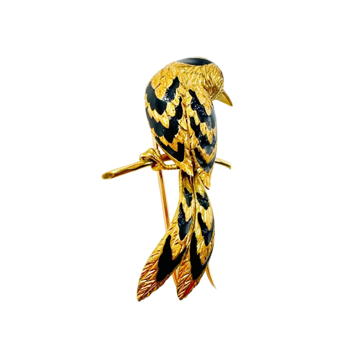 Broche CARTIER "Oiseau sur une branche" en or jaune, émail et rubis - Castafiore