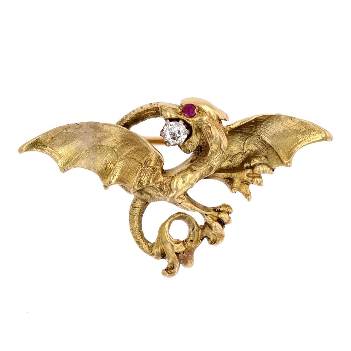 Broche CHIMÈRE Ancienne en or jaune diamant et rubis - Castafiore